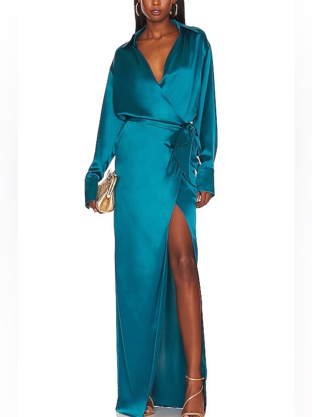 NONchalant Dallas Teal Satin Wrap Maxi with Side Slit